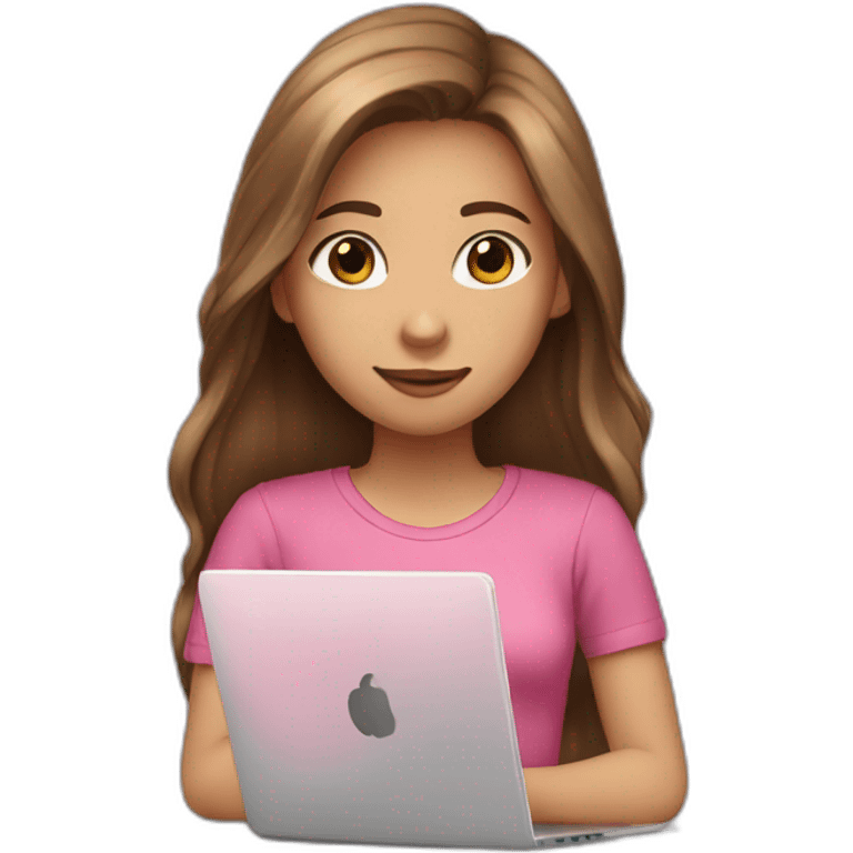 Girl with long brown hair light skin and looking at laptop, pink shirt emoji