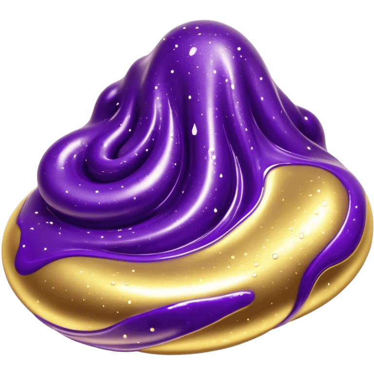 Cinematic Realistic Shiny Slime Mixed with Glitter, thick and glossy with swirling metallic flecks suspended inside, a dynamic mix of deep purple and golden sparkles, light catching every shimmer, flowing smoothly with realistic folds and ripples, glowing with an enchanting, almost liquid-metal effect. emoji