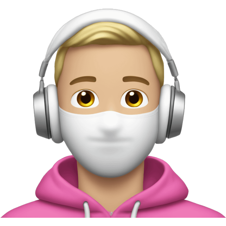 white guy in pink balaclava listening to music on Silver AirPods Max emoji