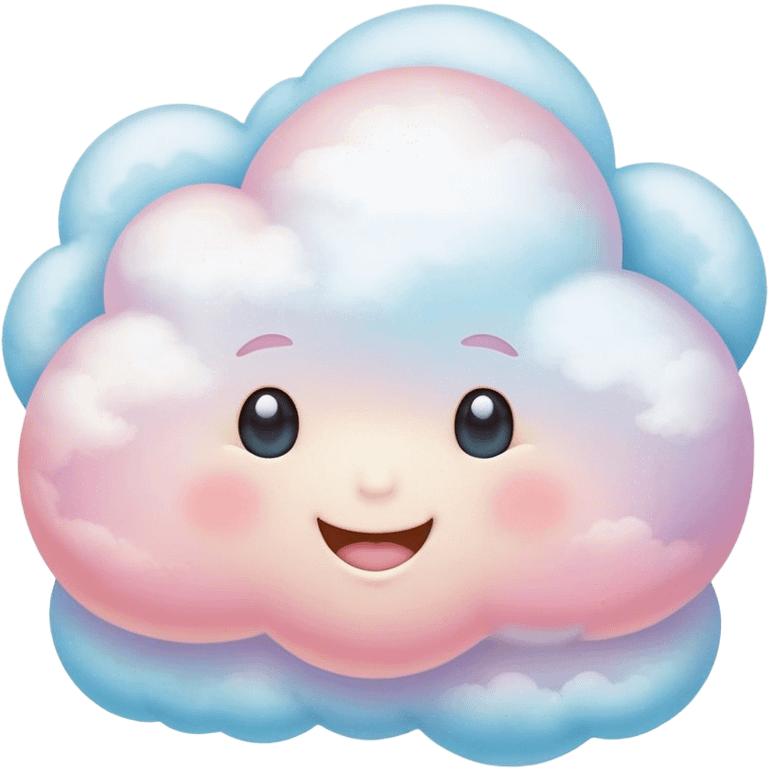 Cinematic round pastel cloud, soft puffy texture, gentle glowing edges, tiny happy face with blushing cheeks, floating in a dreamy sky, warm and magical. emoji