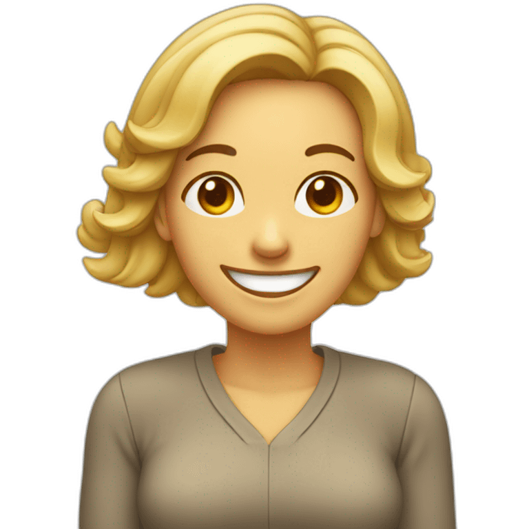 Woman with wide smile pointing to her temple in the head emoji