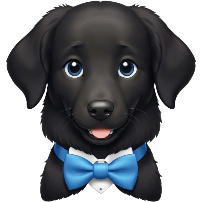 Black, flat-coated retriever, smooth fur with subtly fluffy ears, smiling face, small bit of white in her chest, blue bow tie  emoji