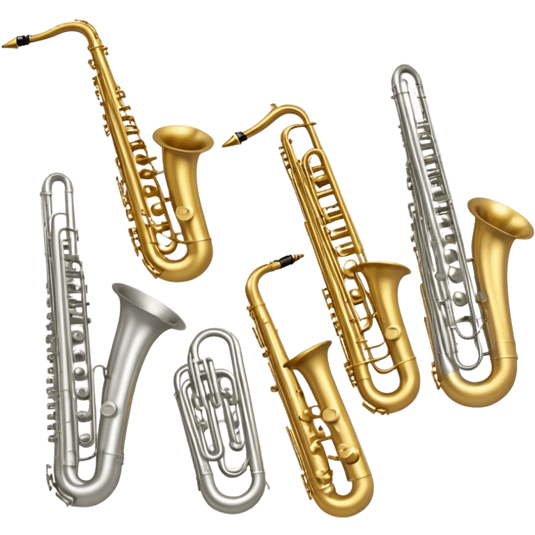 Create a professional, harmonious emoji collage symbolizing wind instruments.  The instruments should be in metallic gold, silver, and brass tones, with subtle reflections to convey a professional and polished appearance. Add soft musical notes or soundwaves to surround the instruments, creating a sense of movement and sound. The background should be transparent, ensuring all instruments are the focus and the composition remains harmonious and balanced. emoji