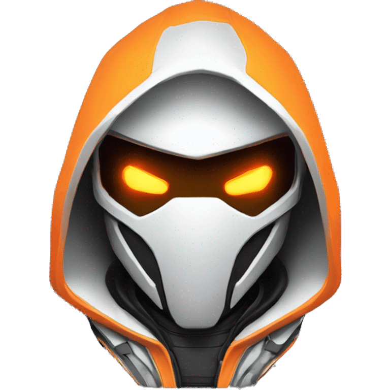  developer behind his laptop with this style : crysis Cyberpunk Valorant orange glowing bright orange character orange black hooded assassin themed character emoji