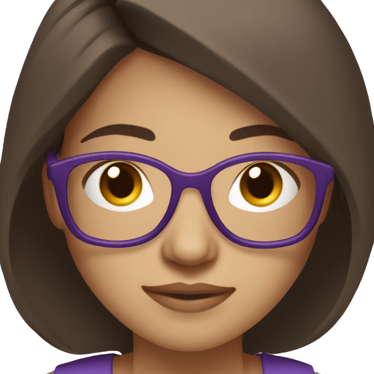 A 22-year-old woman with fair skin, dark brown hair, and glasses with purple frames, working on a compute emoji