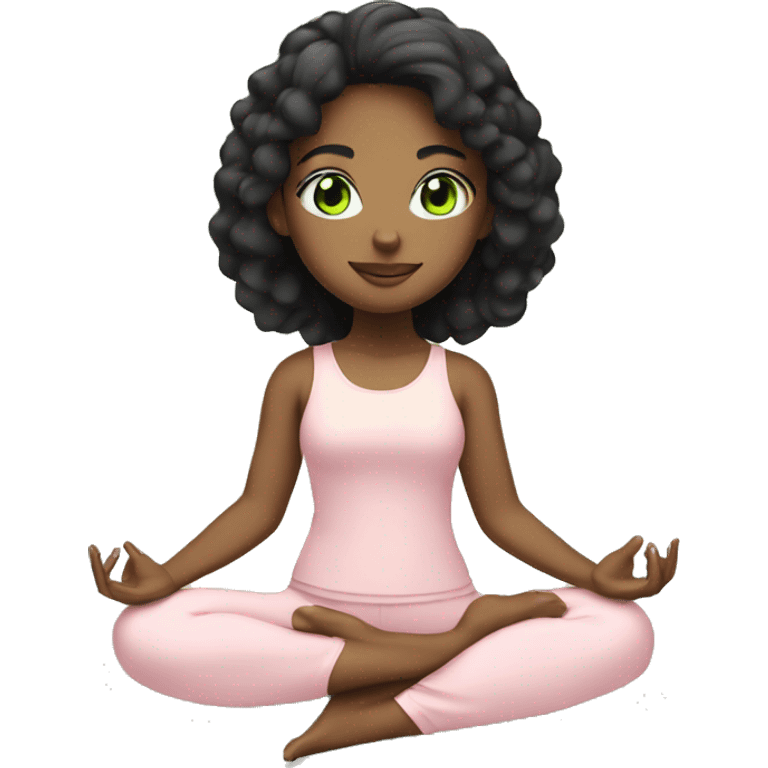 girl with black hair and light green eyes doing yoga in her light pink set emoji