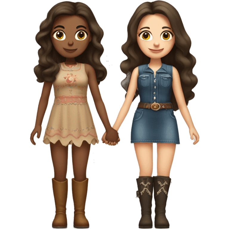 two brunette sisters, one with long hair, one with short hair. They are holding hands in cute mini dresses and cowboy boots emoji