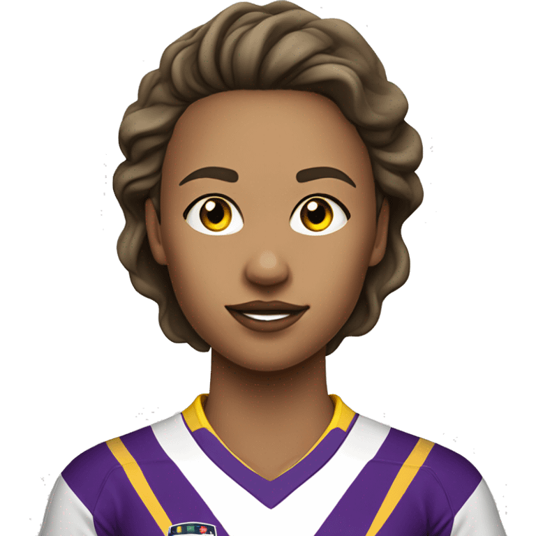 a woman soccer player in white jersey with purple pinstripes and yellow collar emoji