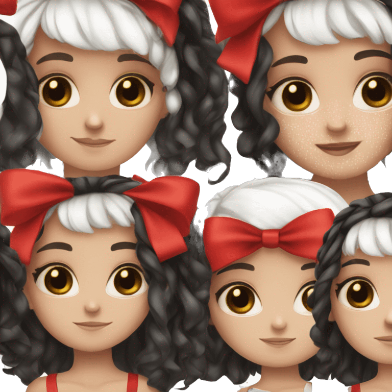 girl with black and white split dye hair, freckles, brown eyes wearing a red bow emoji