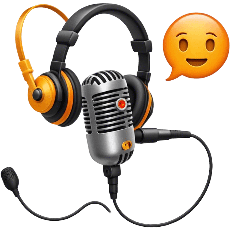 Create a dynamic and creative emoji that represents voiceover and dubbing. The design should feature a microphone, a pair of studio headphones, and sound waveforms to symbolize the recording and manipulation of voice. Add subtle details like a film reel or a speech bubble to represent the dubbing aspect. Use vibrant colors like orange, red, or purple to evoke energy and creativity in voiceover work. The background should be transparent. emoji