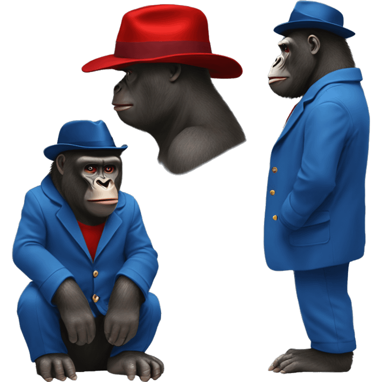 gorilla in paddington bear's  blue overcoat clothes and red hat, full body musular  emoji