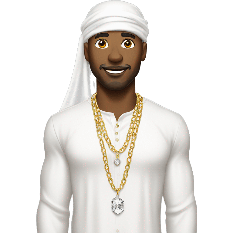 a black rich man wearing a white durag, white shirt, diamond earrings and diamond chain emoji