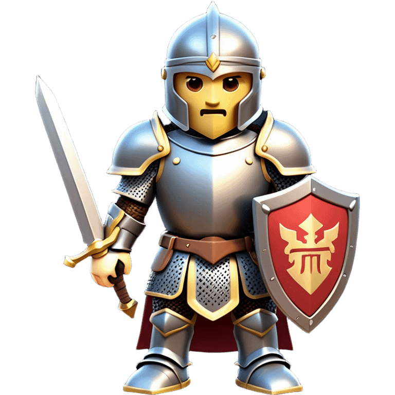 Clash of Clans aesthetic: Cinematic Playful Armored Knight Hero Emoji, rendered in a 3D vector-style similar to standard emojis with minimal shading and bold, simplified shapes. A compact, isometric warrior clad in gleaming plate armor with intricate heraldic details, softly glowing with a chivalrous medieval charm. Simplified yet unmistakably iconic, highly detailed and consistent, glowing with a soft radiant shine and high polish. Stylized with a touch of noble valor and a soft glowing outline, capturing the essence of a gallant knight ready for honorable battle with a friendly, playful manner! emoji