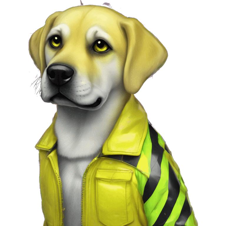 .Zombie_ Vaporwave black holographic oilslick zombie yellow Labrador zombie dog yellow caution tape graffiti stripes yellow and black stripes emoji