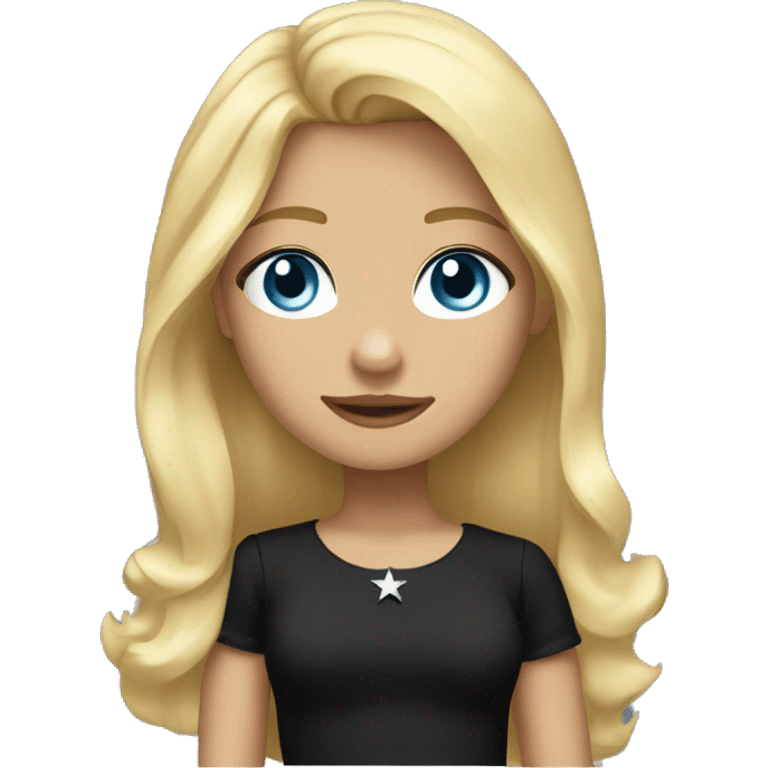 Girl with a blond hair, light blue eyes wearing a black dress and black all star  emoji