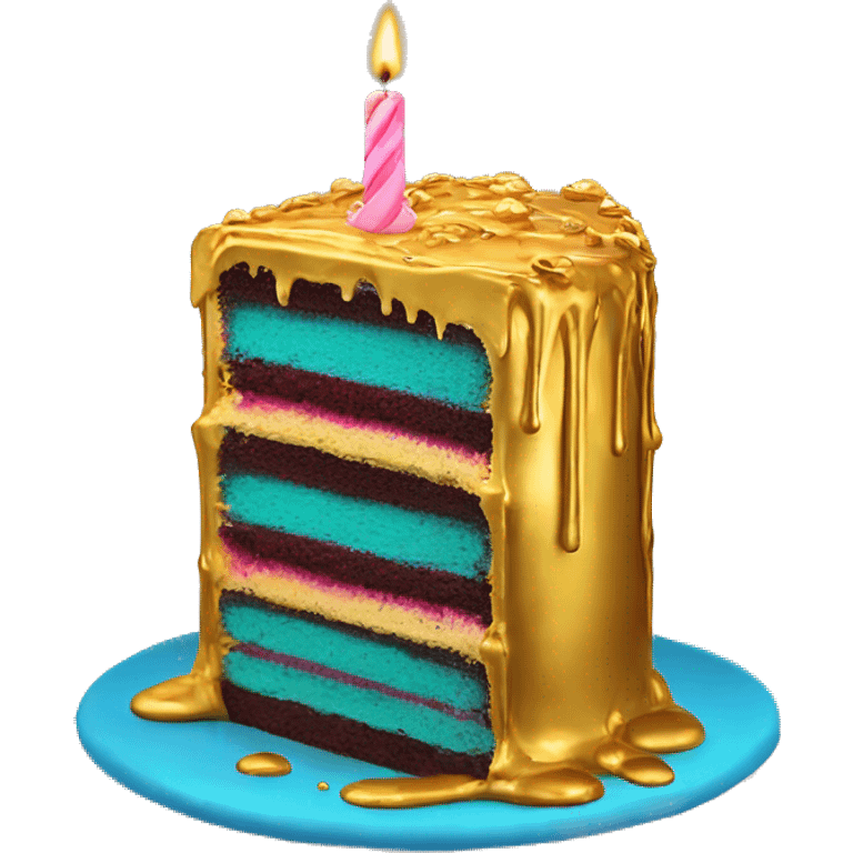 Realistic isolated colorful cake with metallic gold icing dripping from top and all down along the cake emoji