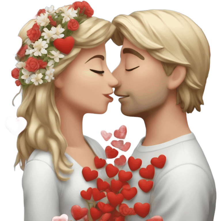 Hyper Realistic Couple kissing surrounded by red hearts and flowers  emoji