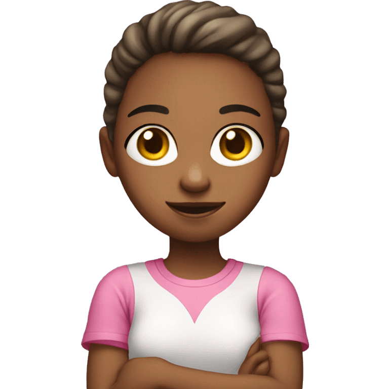 young girl with white skin, pink T-shirt, phone in hands emoji