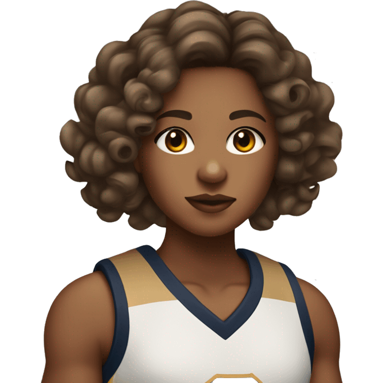 a dark brown headed tan girl with balayage with curled hair with a basketball and thick eyelashes  emoji