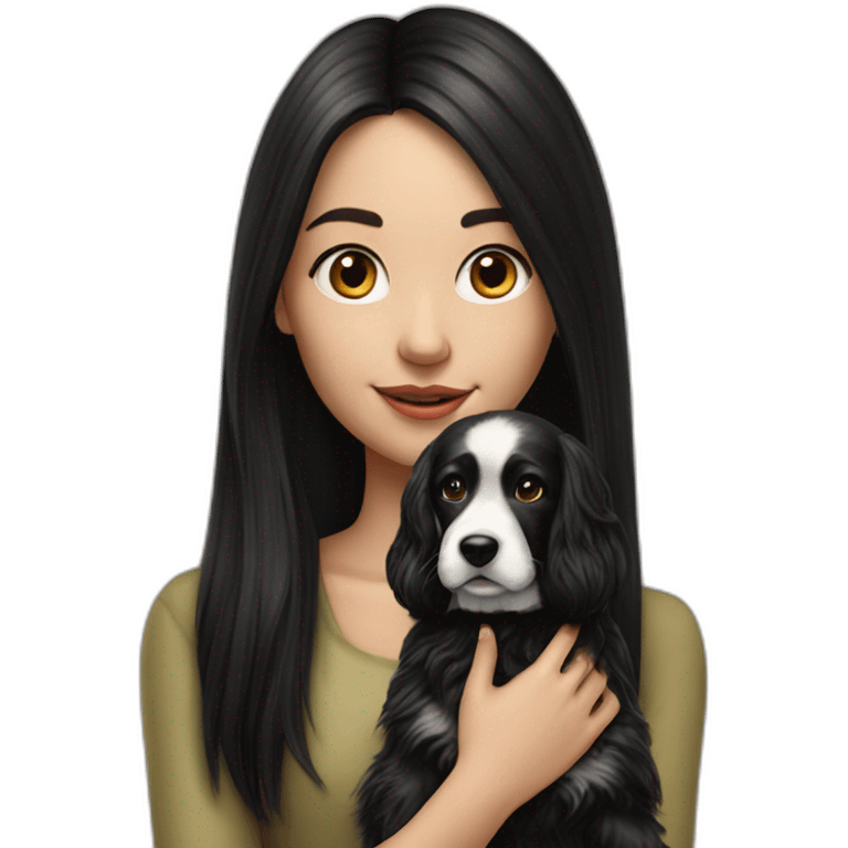 hyperrealist caucasian girl black long hair with english seter dog emoji