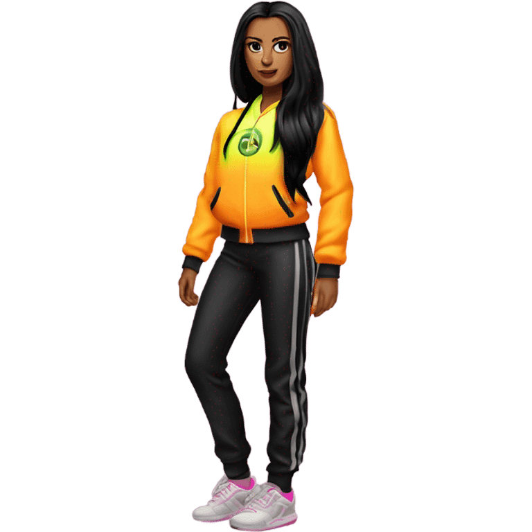 Tanned woman with long black hair, dressed in y2k  hair, makeup, and neon velvet tracksuit attire emoji