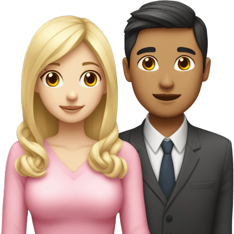 Blonde girl and Asian guy couple with pink heart emoji