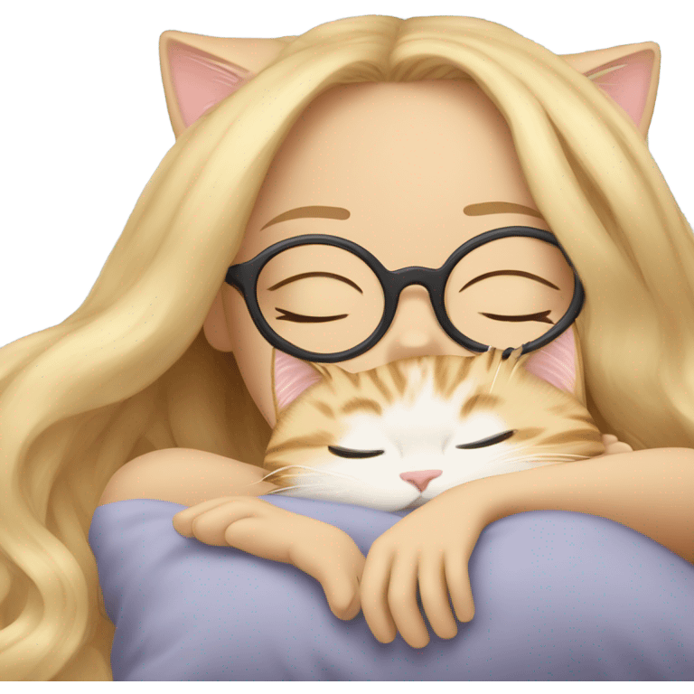 blonde girl with glasses sleeping with calico kitty emoji