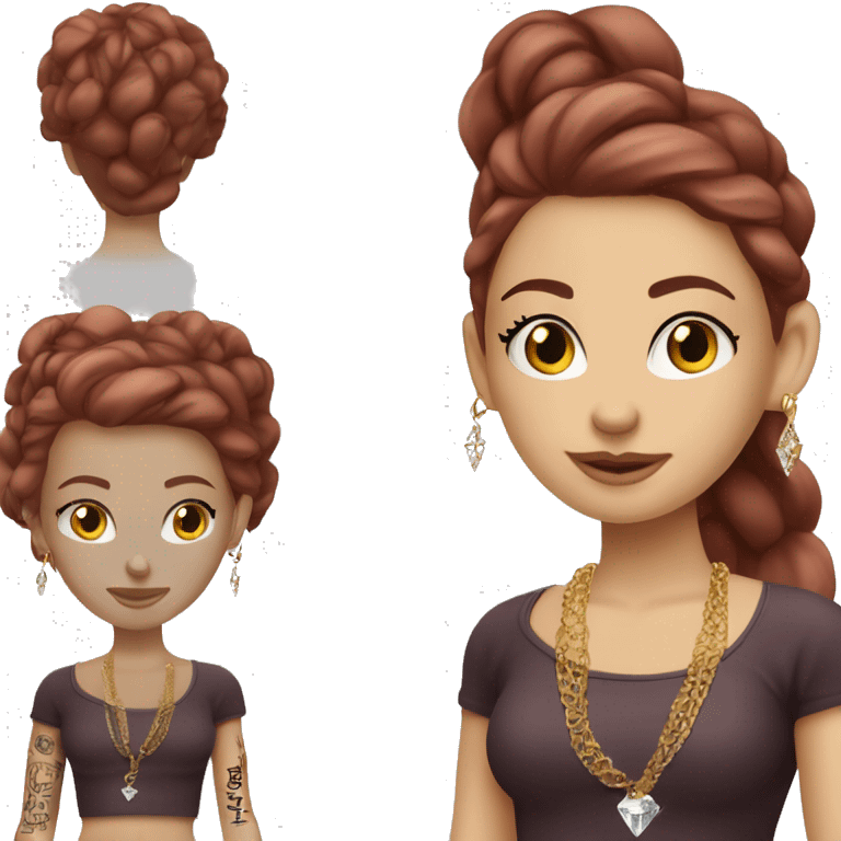 Caucasian European girl with light complexion and features . long burgundy hair, long eyelashes and has tattoos. She is wearing a crop top shirt and gold chain necklace and diamond earrings  emoji