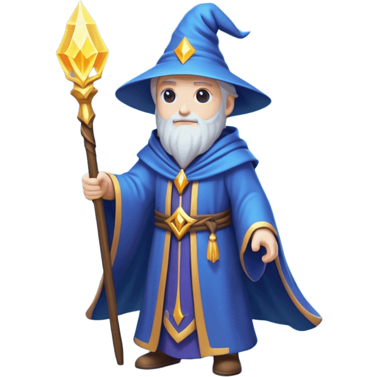 Clash of Clans aesthetic: Cinematic heroic powerful Wizard Hero Emoji, rendered in a 3D vector-style similar to standard emojis with minimal shading and bold, simplified shapes. A compact, isometric figure draped in flowing enchanted robes and wielding a mystical staff, softly glowing with an arcane magical charm. Simplified yet unmistakably iconic, highly detailed and consistent, glowing with a soft radiant glow and high shine. Stylized with a touch of whimsical sorcery and a soft glowing outline, capturing the essence of a powerful wizard ready to cast spells with a friendly, playful spirit! emoji