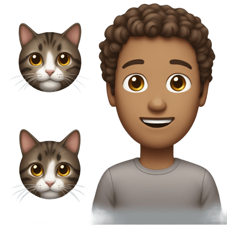 Man with brown curly hair and no facial hair holding dark brown tabby cat emoji