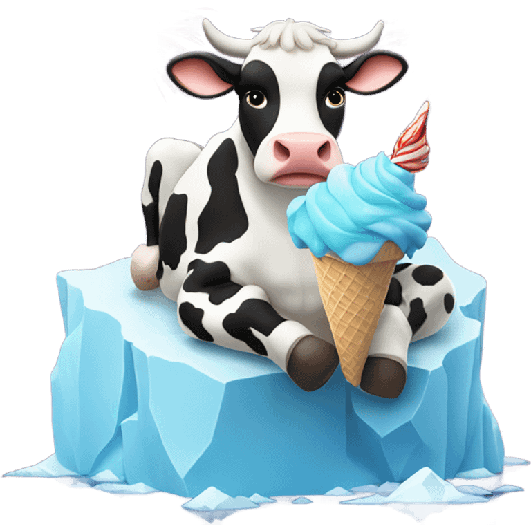 Cow eating ice cream while sitting on an iceberg with fireworks  emoji