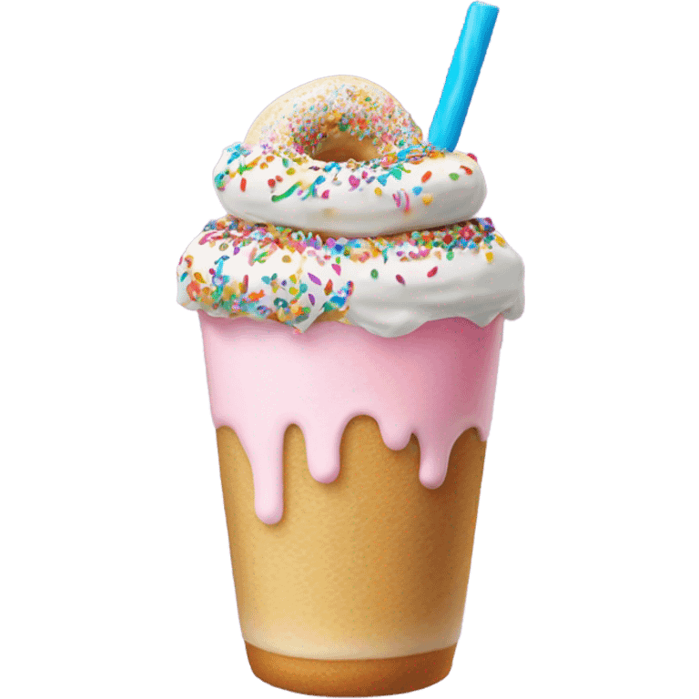 a birthday cake flavored milkshake topped with sprinkles, a donut hole, a sprinkle sugar cookie and a swirl lollipop emoji