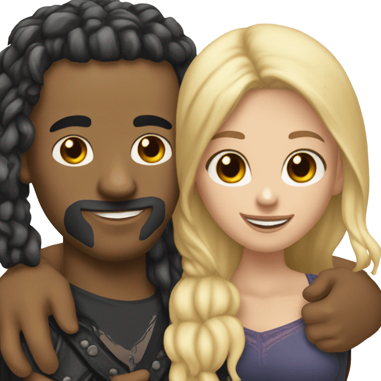 White orange Bearded guy with bald head and tattoos on left hand hugging a long brunette hair Croatian girl with nose ring stud emoji