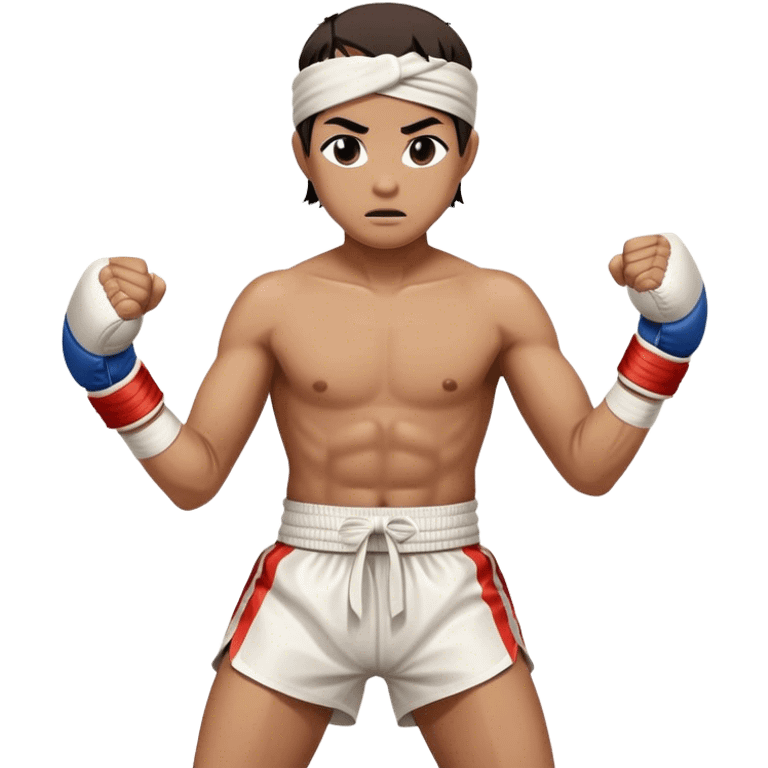 ​Cinematic Realistic Traditional Muay Thai Fighter, depicted in authentic attire featuring white bandaged gloves wrapped around his fists, a traditional headband tied neatly, and classic Muay Thai shorts, captured in a dynamic fighting stance under dramatic, high-energy lighting that highlights the raw power and elegance of the art, emoji