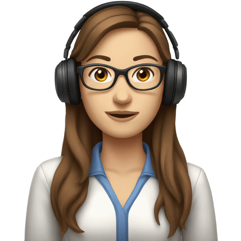 Caucasian female with long brown hair and glasses. Wearing computer headphones/headset. emoji