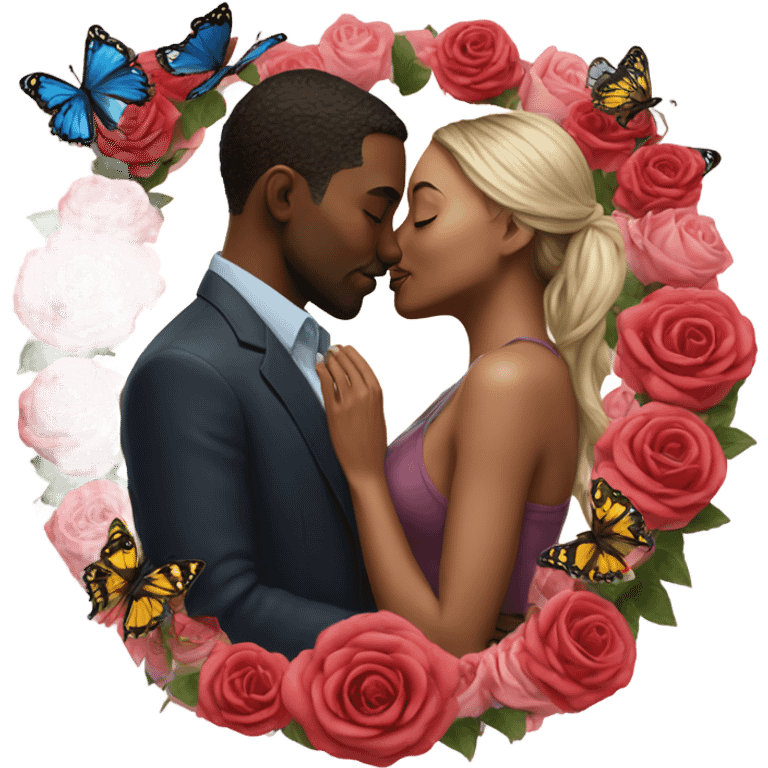 Hyper Realistic Couple kissing surrounded by roses and butterflies  emoji