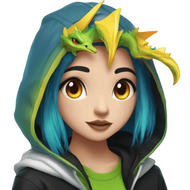 Lady with brunette and iridescent blue hair, gold, lime green dragon wings, black hoodie, bleach dyed, black and gold Nike t shirt, and bright red eyes emoji