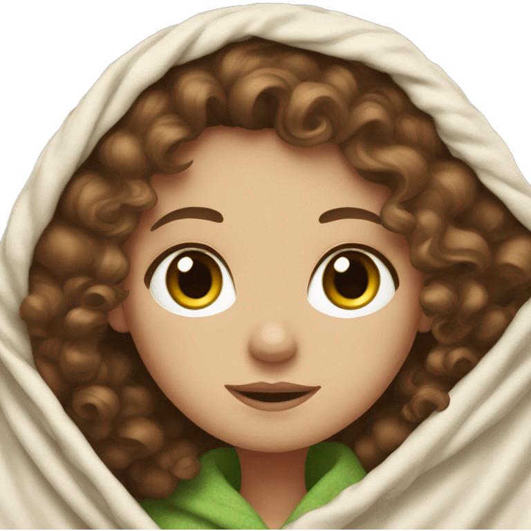 White girl with curly brown hair and green eyes in blanket emoji