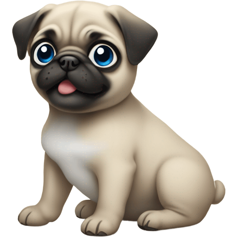 Baby pug with big blue eyes chewing a slipper emoji