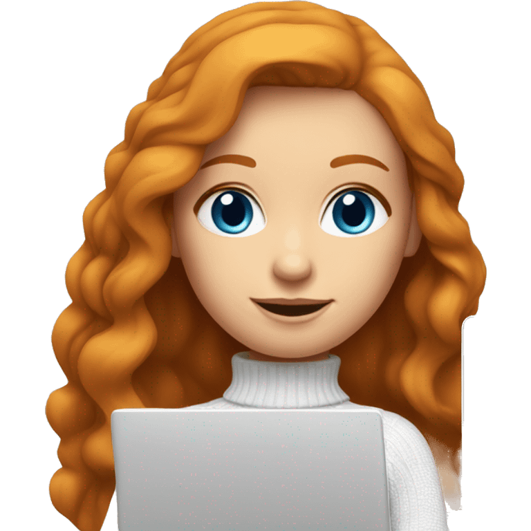 ginger girl with long hair and blue eyes in turtle neck white sweater working on a laptop emoji