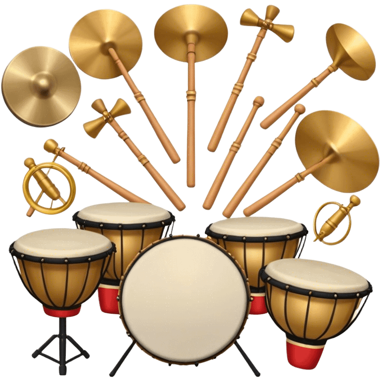 Create a heraldic, festive, and professional emblem-like emoji representing percussion instruments. The design should resemble a traditional crest, featuring a variety of percussion instruments such as cymbals, triangle, tambourine, maracas, timpani, bongo drums, and other traditional folk percussion instruments. Arrange them symmetrically, with cymbals crossing each other, the triangle at the center, and timpani or bongo drums flanking the sides. Include tambourines and maracas prominently, adding rhythm and texture. A flowing ribbon of musical notes should elegantly weave through the instruments, enhancing the sense of movement and celebration. Add intricate decorative patterns on the instruments, along with ornamental swirls, laurels, or flourishes to elevate the festive and heraldic feel. The overall composition should be balanced, harmonious, and visually striking, with an elegant and professional look. The background should be transparent. emoji