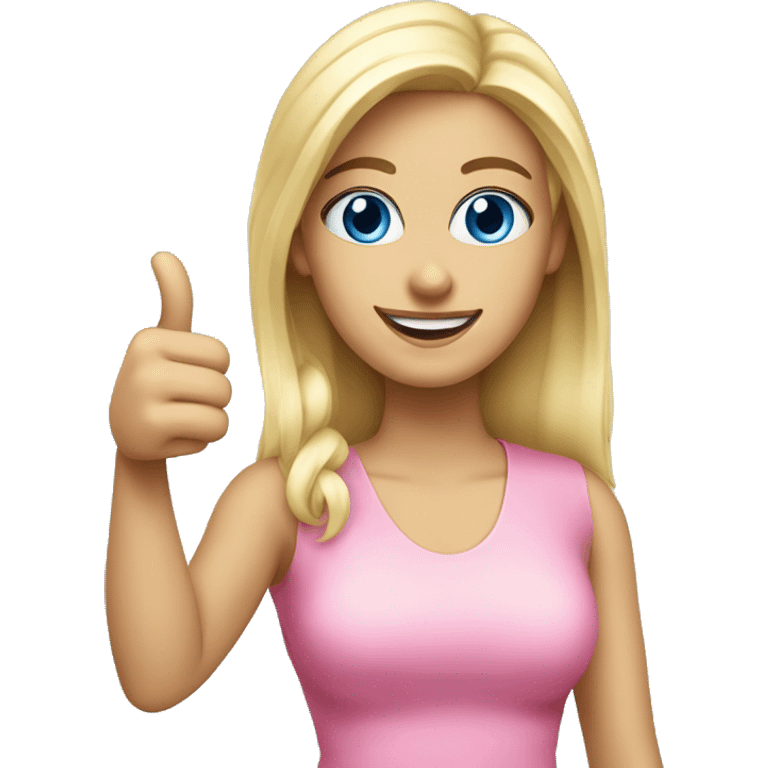 Beautiful blonde blue eyed woman giving thumbs up wearing pink emoji