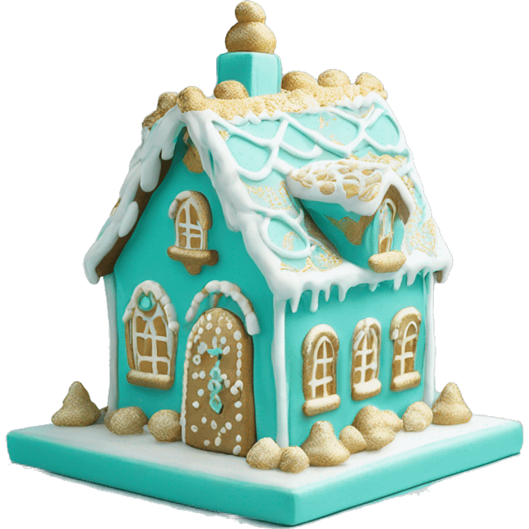 Tiffany blue and gold and white gingerbread house emoji