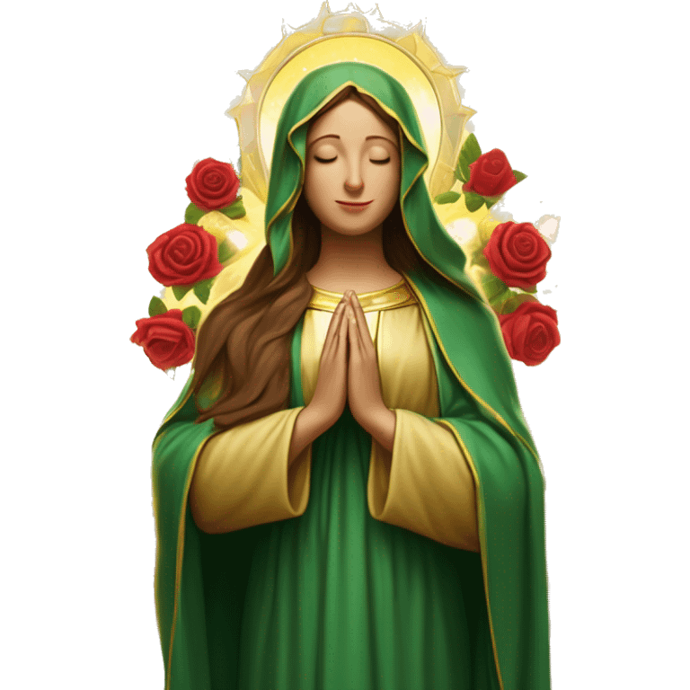 Virgin Mary: kind face looking down at the left, long brown hair, Wearing an emerald green  robe with gold stars and a burgundy red dress,  Hands in prayer or blessing. Halo around her head. standing in front of a big sun. colorful roses on the sides  emoji