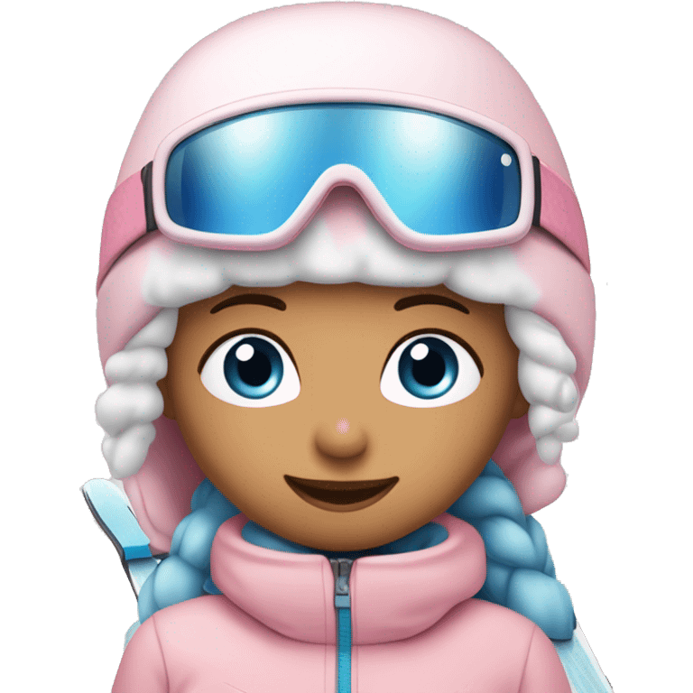 Light pink, snowy, ski girl with blue eyes standing with skis ￼ emoji