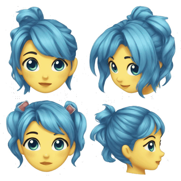 an anime girl with blue eyes, fishbone earrings, and a ducky hairclip emoji