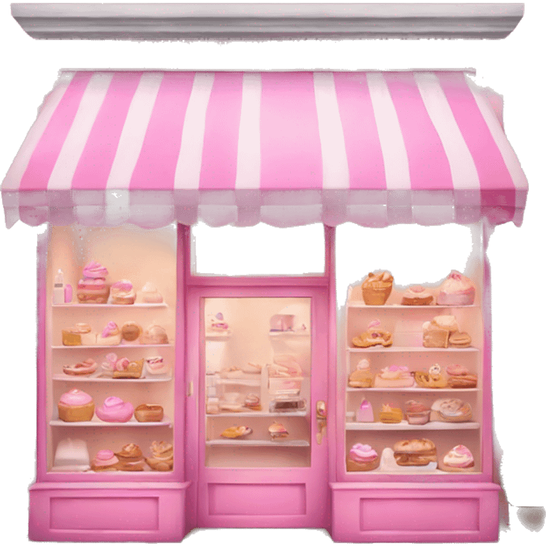 pink bakery, with beauty products in the window instead of pastries, girly emoji