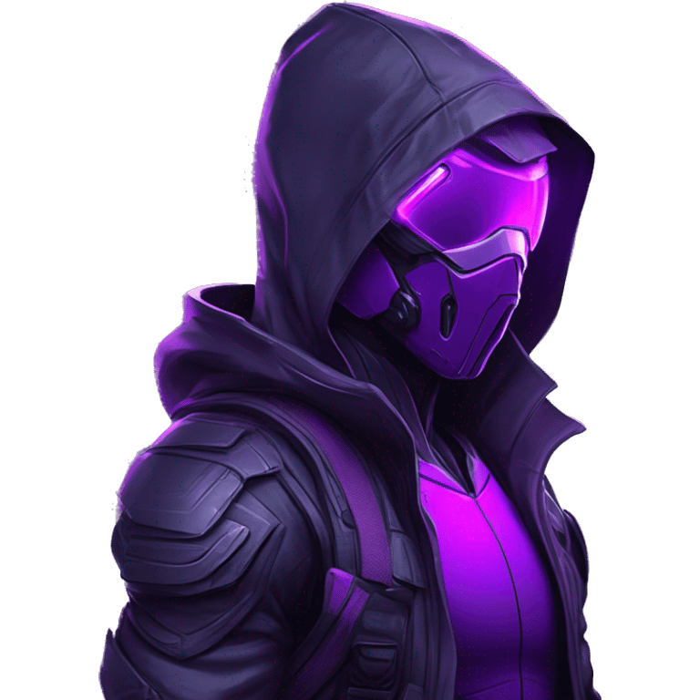 Side view developer behind his laptop with this style : crysis Cyberpunk Valorant neon glowing bright purple character purple violet black hooded assassin themed character emoji