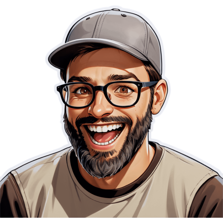 A man with a grey baseball cap, hazel eyes, big dark brown beard and glasses, laughing emoji