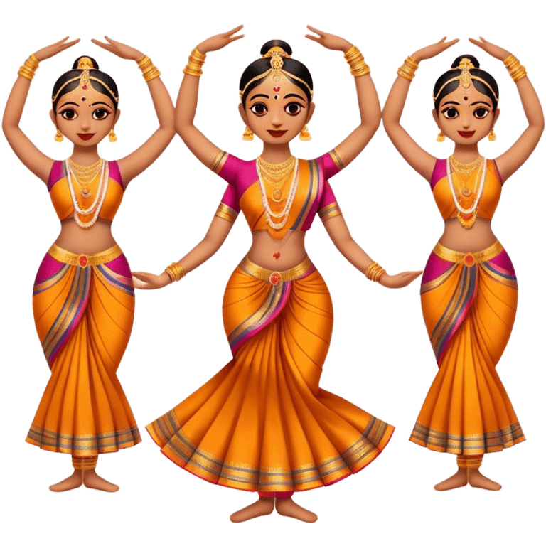 Cinematic Realistic Bharatanatyam Dance Emoji, depicted as an elegant classical Indian dance performance with graceful poses, intricate costumes, and expressive hand gestures, rendered with rich textures and warm dramatic lighting that captures its timeless beauty. emoji